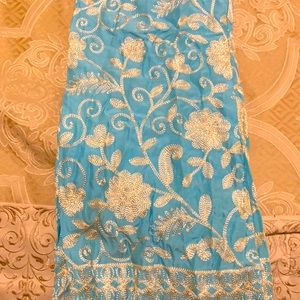 Pakistani/ Indian Ivory and sky blue 3-piece embroidered suit